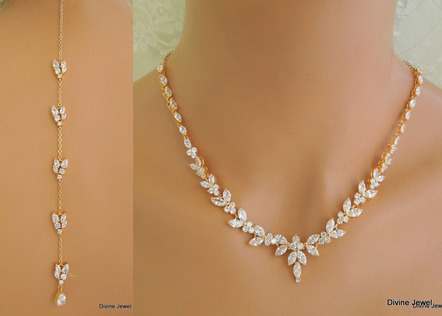 bridal rhinestone necklace, bridal Backdrop Necklace, Bridal necklace, wedding jewelry, rhinestone necklace, wedding necklace, LORNA