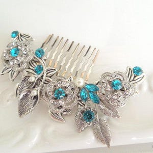 Wedding Hair accessories, pearl hair comb, Rhinestone Hair Comb, wedding Hair Comb, hair comb vintage, teal crystal hair comb, ROSELANI