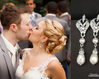 Bridal pearl Earrings, wedding rhinestone Earrings, bridal earrings chandelier, pearl earrings, rhinestone earrings, pearl jewelry, ALLY