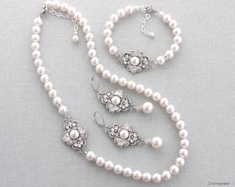 Pearl Bridal Jewelry Set, Necklace and Drop Earrings, Silver Rhinestone Bracelet, Claude