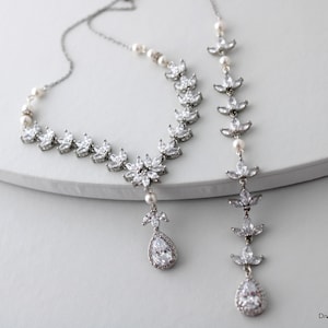 Pearl & Rhinestone Wedding Backdrop Necklace: Bridal Statement Jewelry, Amy