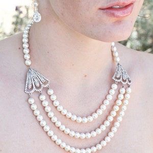 Art Deco Rhinestone Pearl Bridal Necklace: Wedding Statement Jewelry, LAUREL