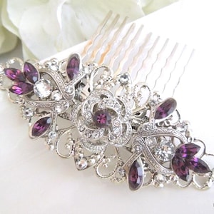Crystal Bridal Headpiece, Flower and Leaf Purple Rhinestone, Wedding Hair Comb, ROSELANI