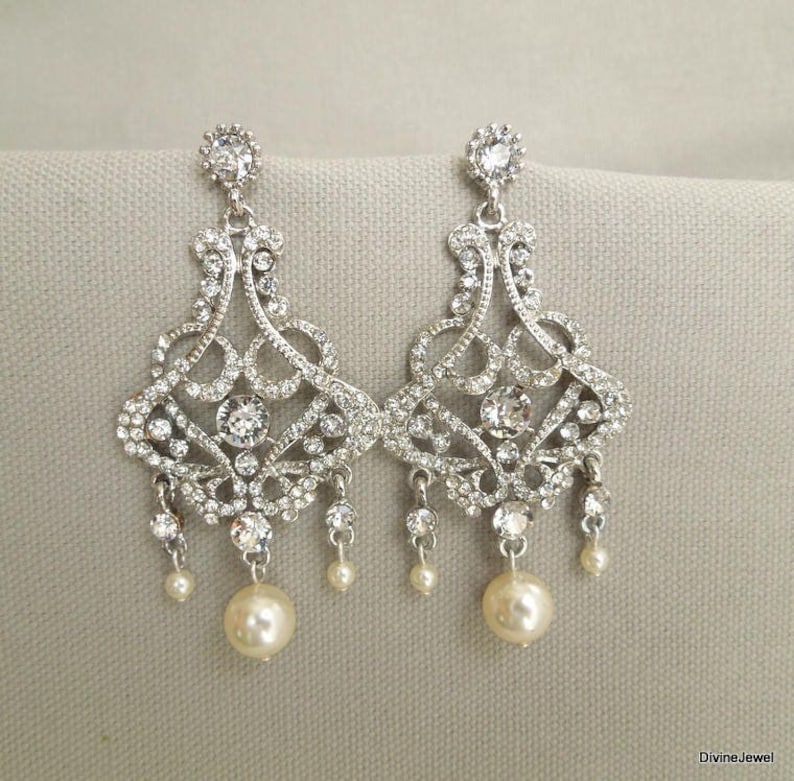 Bridal pearl Earrings, Wedding Rhinestone Earrings, bridal earrings Chandeliers, pearl earrings, rhinestone earrings, vintage style, ALEXA image 1