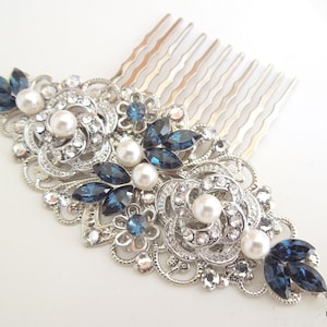 crystal hair comb, rhinestone hair comb, pearl hair comb, wedding hair accessory, bridal hair comb, something blue, blue crystal, ROSELANI