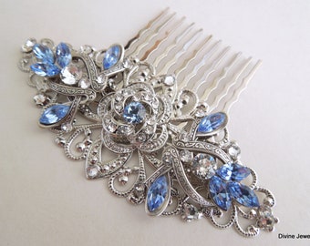 Bridal Blue Crystal Wedding hair Comb Wedding Hair Accessories Vintage Style hair comb Blue Leaf Rhinestone Bridal Hair Comb ROSELANI