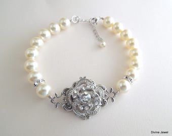 Pearl Bridal Bracelet, Vintage Style Wedding Jewelry, Victorian Rose Design, ROSELANI