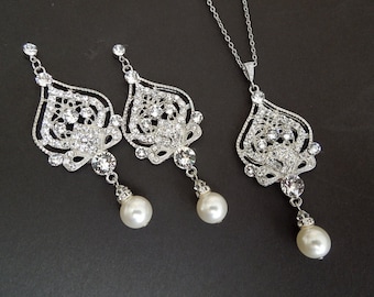 Braut Halskette Set, Perle und Kristall Chandelier Ohrringe, Art Deco Schmuck, STELLA