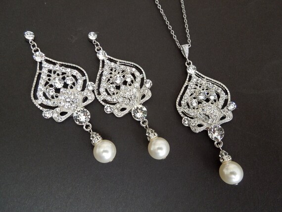 Bridal Necklace Set, Pearl and Crystal Chandelier Earrings, Art Deco Jewelry, STELLA