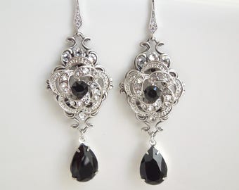 Pendientes de araña con diamantes de imitación negros: Joyería nupcial llamativa, pendientes de boda negros, Roselani