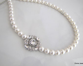 Bridal Necklace, Pearl bridal necklace, Rhinestone necklace, statement Necklace, wedding Rhinestone necklace, vintage necklace, COLLEEN