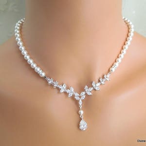 Pearl Bridal Necklace Set: Cubic Zirconia Wedding Jewelry, Earrings and Backdrop, HOPE