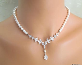 Pearl Bridal Necklace Set: Cubic Zirconia Wedding Jewelry, Silver Earrings and Backdrop Option, HOPE