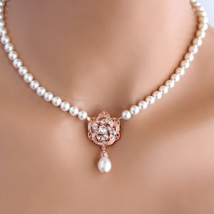 Rose Gold Bridal Pearl Necklace: Rhinestone Wedding Jewelry, ROSELANI