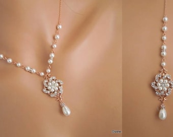 rose gold Bridal necklace, pearl bridal necklace, wedding backdrop necklace, pearl necklace wedding, rhinestone necklace, pearl, AMELIA