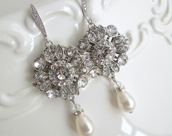 Bridal Earrings, bridal pearl earrings, wedding Rhinestone earrings, bridal Earrings Chandeliers, pearl earrings, crystal earrings, COLLEEN