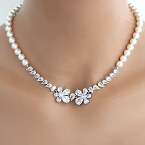Bridal Pearl Necklace with CZ Floral Accent, Vintage Style Wedding Jewelry, Sterling Silver Clasp, Doris