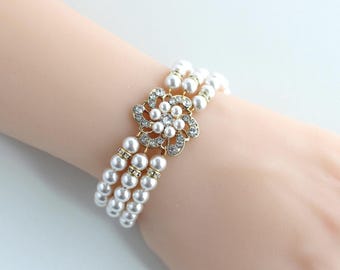 Pulsera de perlas doradas, cristales Swarovski y perlas, joyería nupcial con diamantes de imitación, diseño floral, Amelia