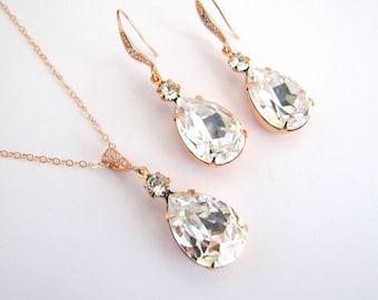 Rose Gold Jewelry Set, Crystal Necklace and Teardrop Earrings, Rhinestone Wedding, Swarovski Jewelry, Aria