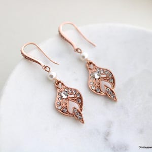 Rose Gold Pearl Drop Earrings: Art Deco Bridal Dangle with Rhinestones