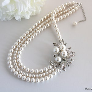 Bridal Pearl Necklace: Rhinestone Brooch, Vintage Style Wedding Jewelry, JULIE