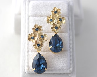 Druppelvormige kroonluchteroorbellen, gouden strass hanger voor bruids, huwelijkssieraden, iets blauws, Helena