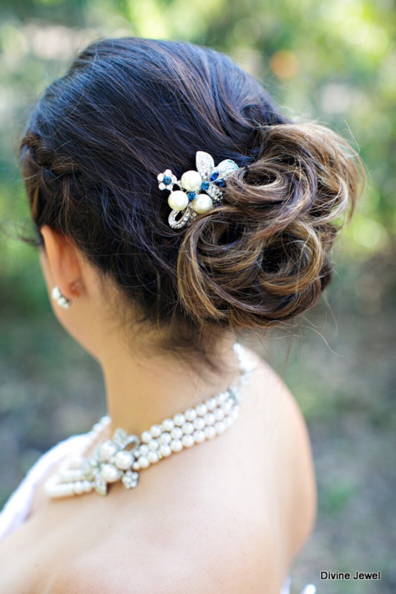 bridal Hair Comb Wedding hair comb pearl Hair Comb wedding hair accessories blue hair comb swatovski crystal vintage style hair comb SHARON