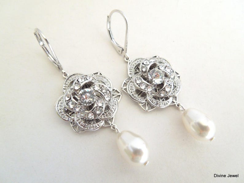 Braut Kronleuchter Ohrringe, Hochzeit Schmuck Perle Tropfen, Viktorianischen Rose Design, Silber oder Gold, ROSELANI Bild 8