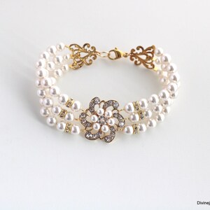 Gold Bridal Pearl Bracelet: Vintage Crystal Wedding, Rhinestone Jewelry for Bride, Amelia