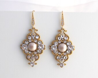 Bridal earrings, pearl earrings, Rhinestone Earrings, crystal gold earrings, Statement Earrings, wedding earrings, teardrop pearl, CLAUDE