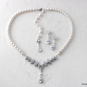 Pearl Bridal Necklace Set: Cubic Zirconia Wedding Jewelry, Silver Earrings and Backdrop Option, HOPE image 3