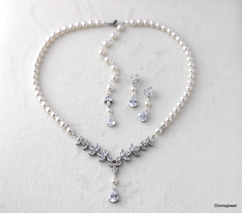Pearl Bridal Necklace Set: Cubic Zirconia Wedding Jewelry, Silver Earrings and Backdrop Option, HOPE image 3