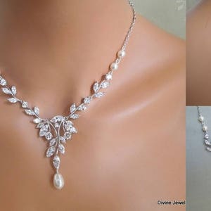 bridal jewelry set, Bridal Necklace, pearl necklace Set, backdrop Necklace, ivory pearls, cubic zirconia set, crystal necklace, RITA