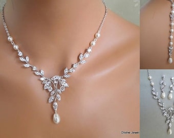 bridal jewelry set, Bridal Necklace, pearl necklace Set, backdrop Necklace, ivory pearls, cubic zirconia set, crystal necklace, RITA