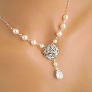 Rhinestone Rose Pendant Pearl Necklace: Bridal Backdrop Jewelry, Roselani
