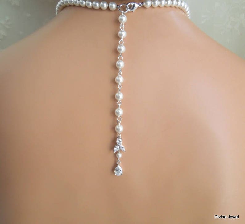 Pearl Bridal Necklace Set: Cubic Zirconia Wedding Jewelry, Silver Earrings and Backdrop Option, HOPE image 7
