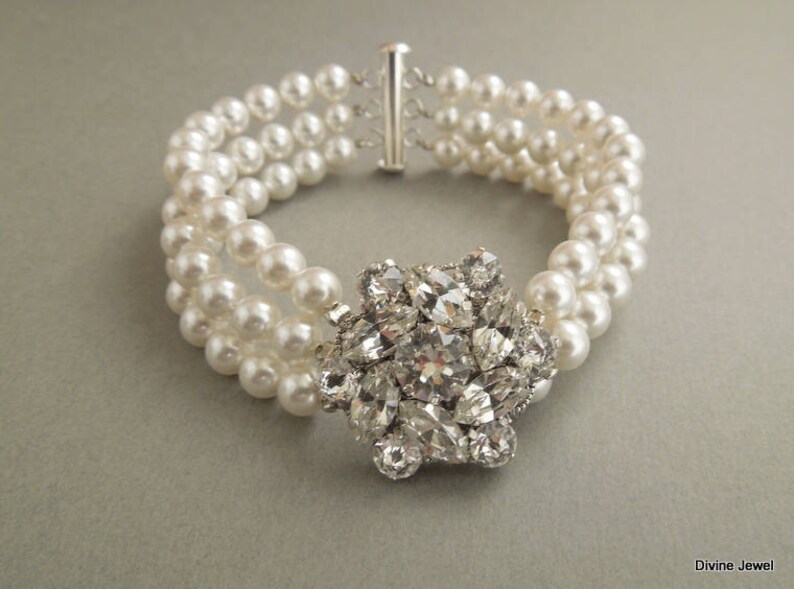 bridal pearl bracelet, wedding Rhinestone Bracelet, wedding Bracelet bridal jewelry, pearl bracelet, rhinestone bracelet, cuff, NATALEE image 5