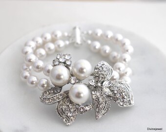 Pulsera de perlas nupcial, pulsera de diamantes de imitación para boda, pulsera de perlas para boda, pulsera de perlas, pulsera de diamantes de imitación, pulsera llamativa, SHARON