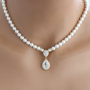 Gold Bridal Pearl Necklace: Rhinestone Teardrop Wedding Jewelry, Milla