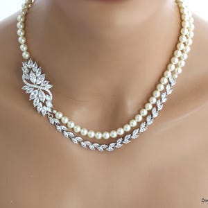 Bridal Pearl Statement Necklace: Cubic Zirconia Brooch, Wedding Jewelry