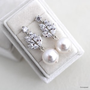 Cubic Zirconia and Pearl Bridal Earrings: Dangle Rhinestone Wedding Jewelry, Rita