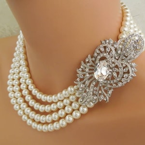 Rhinestone Brooch Bridal Pearl Necklace: Art Deco Wedding Jewelry
