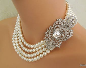 Bridal pearl necklace, wedding rhinestone necklace, wedding necklace, bridal jewelry, rhinestone necklace, statement necklace, pearl, MALIN