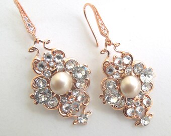 Rose Gold Swarovski Pearl Bridal Earrings, Champagne Pearls, Silver or Gold, Claude