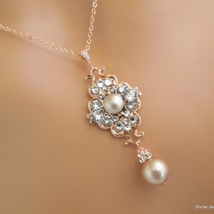 Rose Gold Bridal Pearl Necklace: Rhinestone Wedding Jewelry, CLAUDE