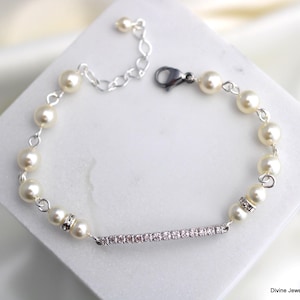 Pearl & Cubic Zirconia Bridal Bracelet: Silver Wedding Jewelry,MABEL