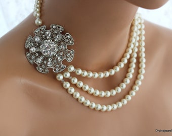 bridal Pearl Necklace, wedding rhinestone necklace, pearl necklace wedding, bridal necklace, rhinestone necklace, statement necklace, KARA