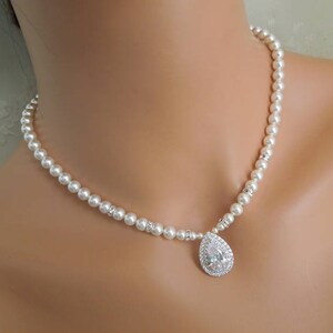 Perle Braut Teardrop Halskette mit Cubic Zirkonia Anhänger, Vintage Style Hochzeitsschmuck, Asha