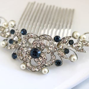 Pearl Bridal Hair Comb: Vintage Rhinestone, Blue Crystal Wedding Accessory