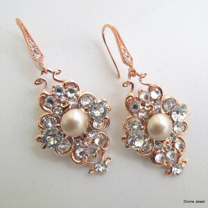 Rose Gold Pearl Dangle Earrings: Bridal Crystal Drop Earrings, Champagne Pearls, Claude